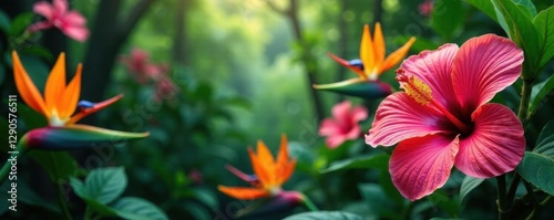 Vibrant hibiscus, orchids, and birds of paradise in lush green foliage ,  blossom,  rainforest,  vibrant