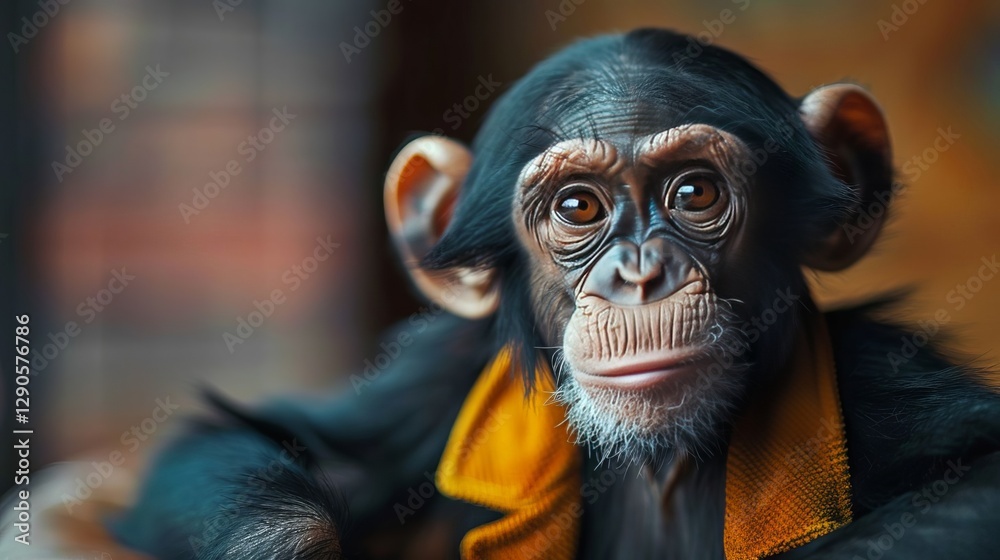Adorable Young Chimpanzee Portrait Close Up Curious Expression Dark Fur Orange Collar Adorable Young Chimpanzee Portrait Close Up Curious Expression Dark Fur Orange Collar