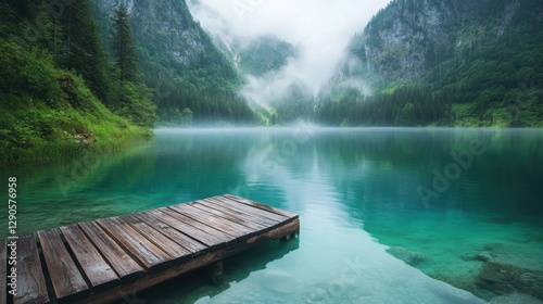 A tranquil mountain lake with a wooden quay, its turquoise waters reflecting the misty surroundings.