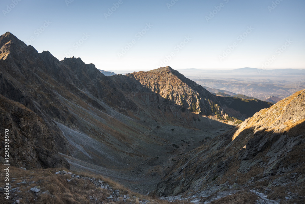 Travel along a marked mountain trail in the High Tatras. Landscape of high mountains.
