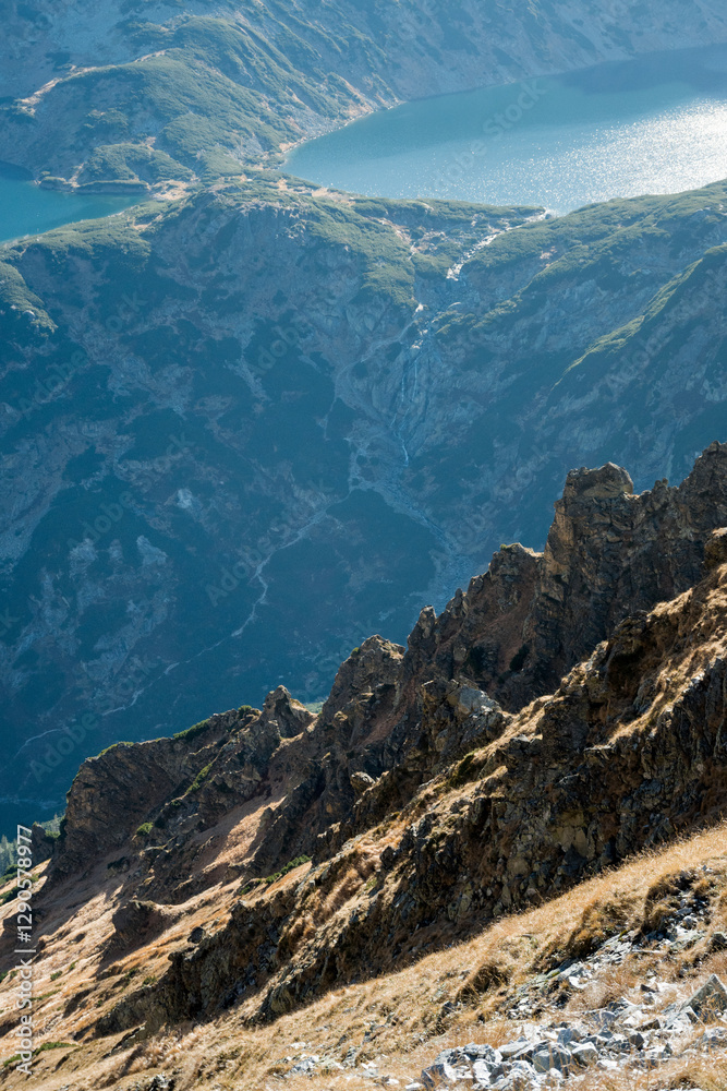 Travel along a marked mountain trail in the High Tatras. Landscape of high mountains.