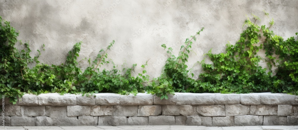 Aged white stone wall with elegant eaves and lush green foliage providing ample copy space at the bottom and a textured background above. Aged white stone wall with elegant eaves and lush green foliage providing ample copy space at the bottom and a textured background above.