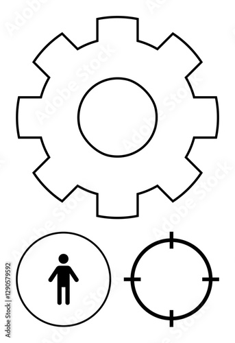 Gear icon symbolizes mechanics, human figure represents people, and crosshair signifies focus. Ideal for technology, engineering, human resources, goals, targeting, precision and strategy themes