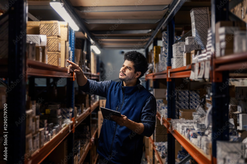 Interracial storage worker with tablet in hands inventorying shipments and goods in warehouse. Interracial storage worker with tablet in hands inventorying shipments and goods in warehouse.