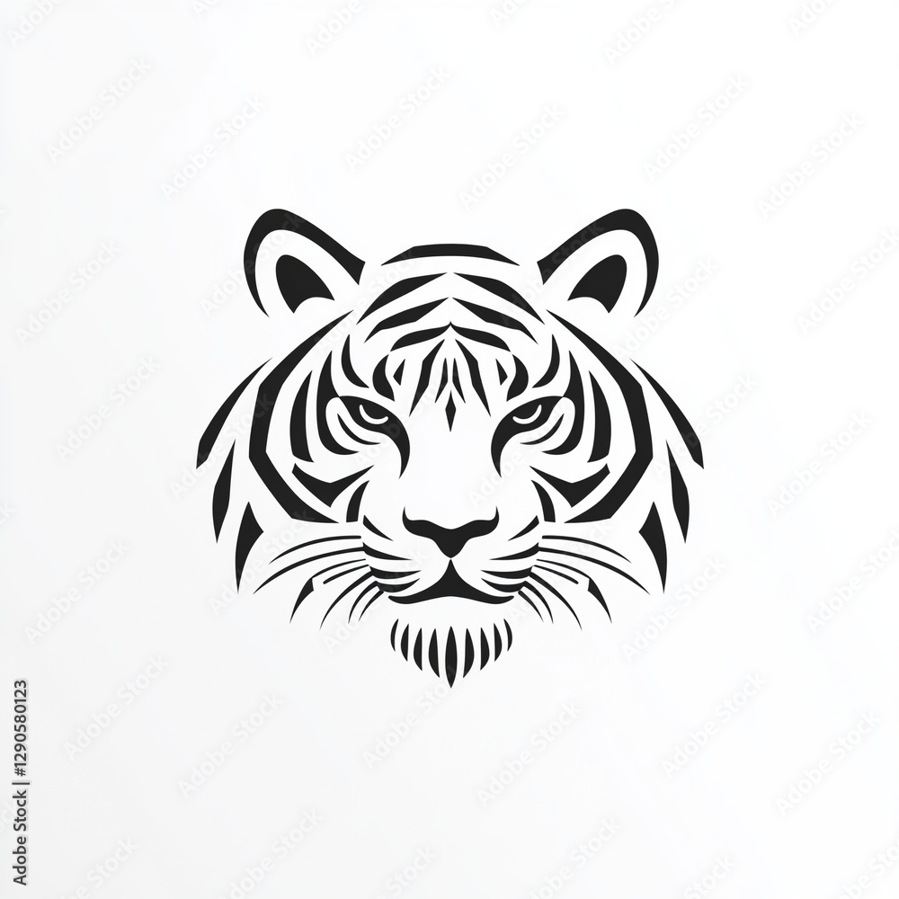 Fototapeta premium A striking black and white depiction of a tiger's head, showcasing its powerful and fierce gaze through bold line work and minimalist design.