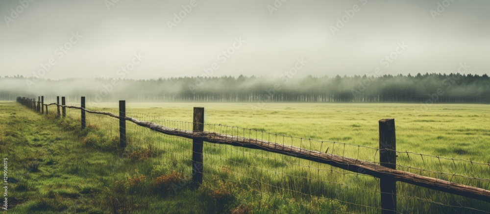 Faded wooden fence along a vibrant green field under a moody overcast sky with misty background trees creating a serene atmosphere Faded wooden fence along a vibrant green field under a moody overcast sky with misty background trees creating a serene atmosphere