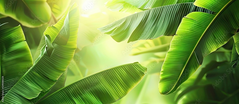 Obraz premium Lush green banana leaves with a soft sunlight glow in the background creating a tranquil atmosphere and ample copy space for text.