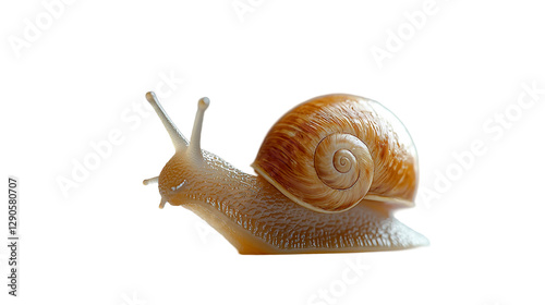 Snail gracefully moving in a side view, showcasing its intricate shell and texture against a white background