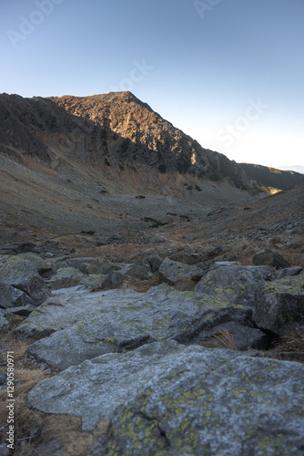 Travel along a marked mountain trail in the High Tatras. Landscape of high mountains.
