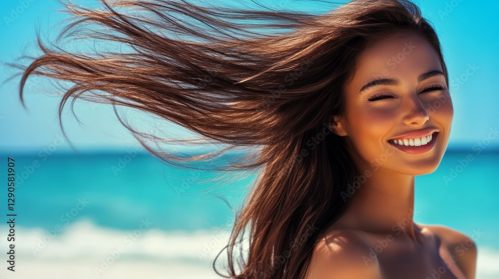 Woman with long brown hair is smiling and looking out at the ocean. Concept of happiness and relaxation, as the woman is enjoying her time at the beach Woman with long brown hair is smiling and looking out at the ocean. Concept of happiness and relaxation, as the woman is enjoying her time at the beach
