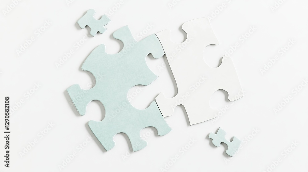 Authentic blank aquamarine green jigsaw puzzle. Two separate halves needing to be joined together. Metaphor for problem solving, unity complexity, networks and togetherness. Authentic blank aquamarine green jigsaw puzzle. Two separate halves needing to be joined together. Metaphor for problem solving, unity complexity, networks and togetherness.