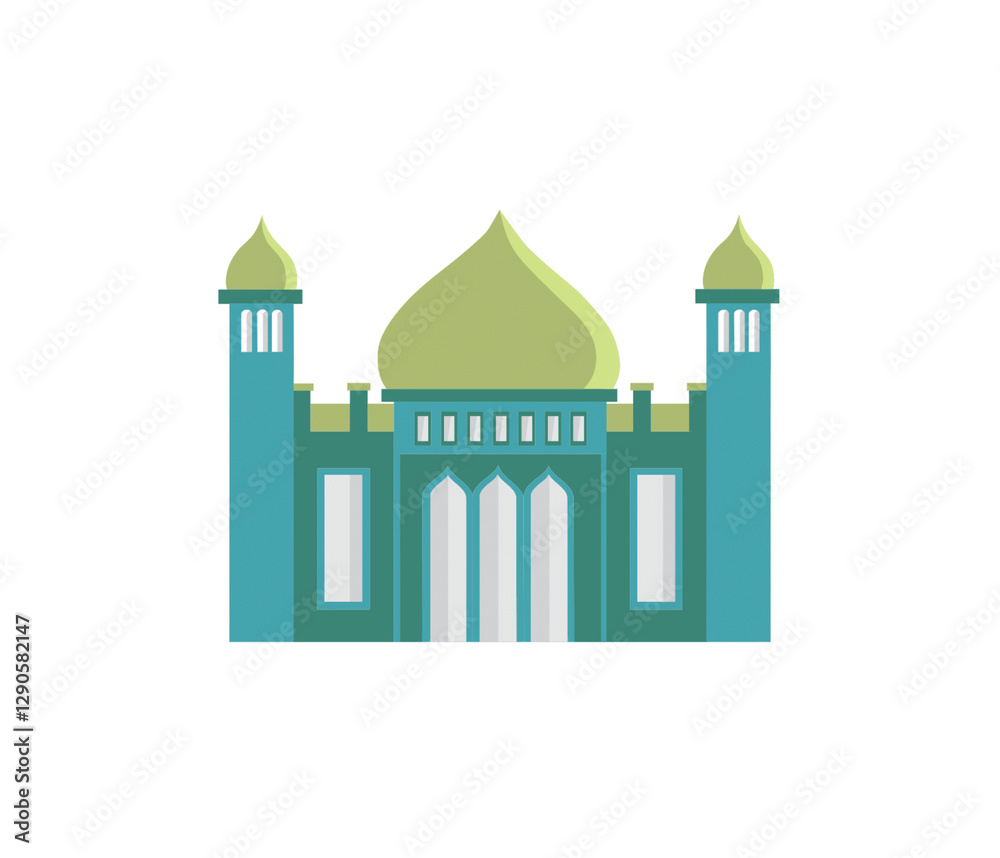 Fototapeta premium Historic mosque with green domes and towers captured in a minimalist design style in an urban setting
