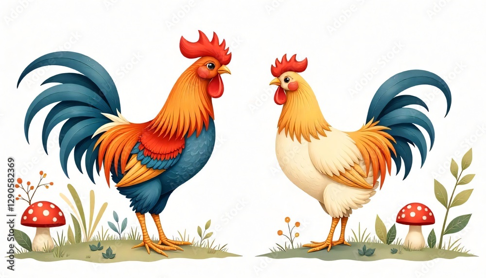 Fototapeta premium Two Roosters Colorful Farm Birds Illustration Rural Scene Digital Art Vivid Colors Detailed