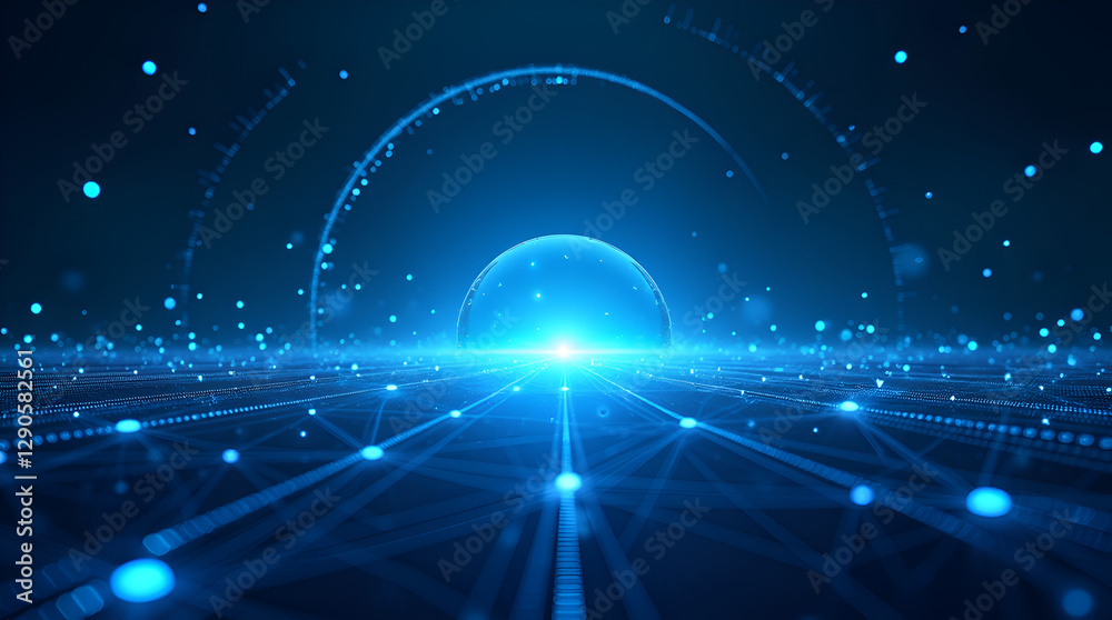 Fototapeta premium Digital Landscape with Glowing Blue Light and Tech Network Grid