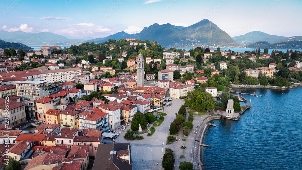 Naklejka premium Stunning aerial view of Lake Maggiore with charming buildings and mountains in Italy