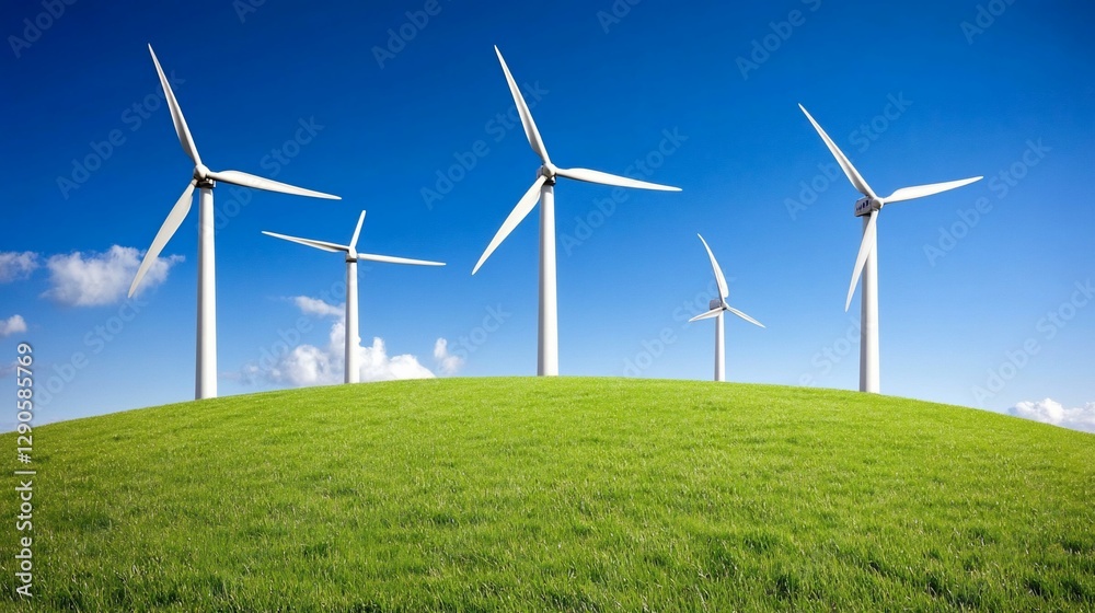 Wind turbines on grassy hill under a clear blue sky Wind turbines on grassy hill under a clear blue sky