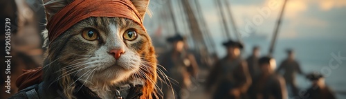 A seriouslooking cat dressed as a pirate, standing on a ship deck photo