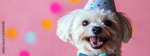 Adorable white dog in a bow tie and party hat, smiling against a pink backdrop photo