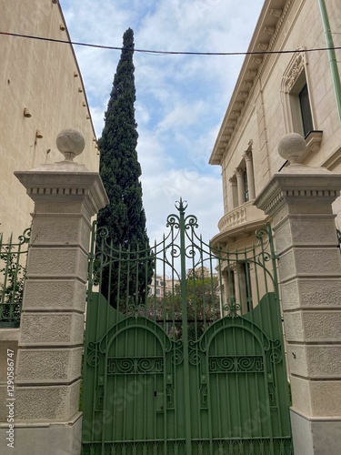 Grand ornate green gate with tall cypress tree, Mediterranean architecture, peaceful urban retreat