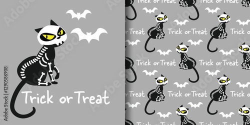Halloween banner and seamless pattern of black cat in skeleton costume, bats and Trick or Treat text on light gray background.