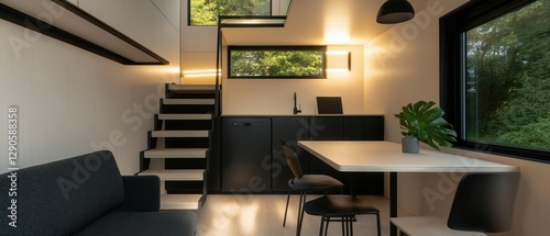 Modern and minimalist living room with a loft-style design. the room has a large window on the right side, allowing natural light to enter the space. photo