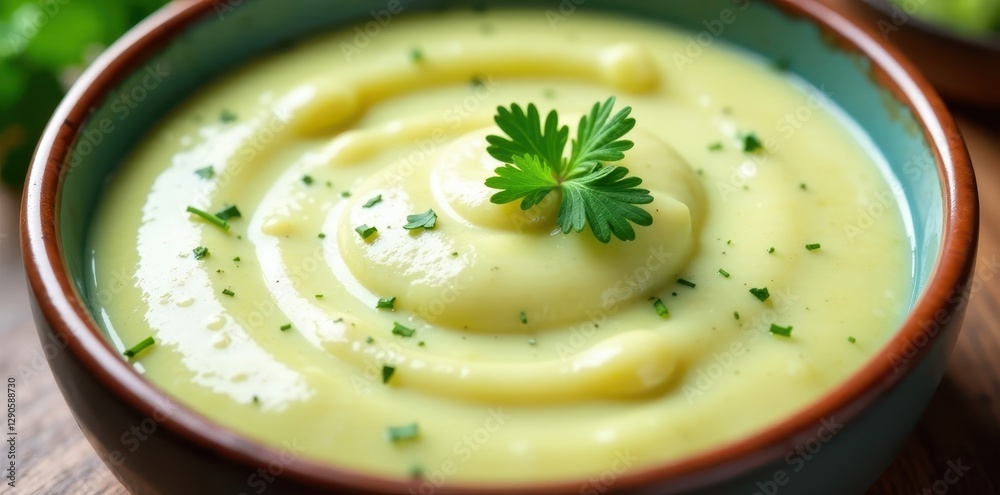 Close-up of creamy dill garlic sauce, swirls visible, closeup, flavorful, dinner Close-up of creamy dill garlic sauce, swirls visible, closeup, flavorful, dinner
