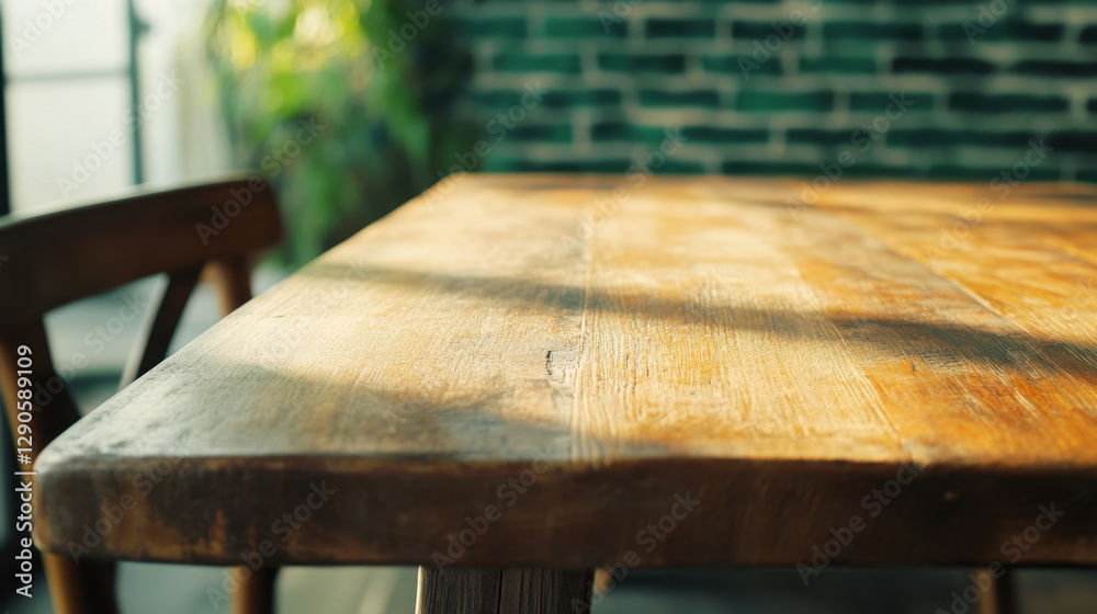 Fototapeta premium close up shot of rustic wooden table with natural light casting shadows, creating warm and inviting atmosphere in cozy restaurant setting