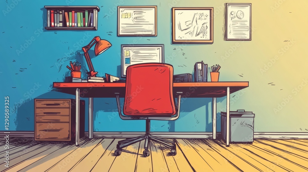Fototapeta premium Modern Workspace with Desk, Chair, Computer, and Office Decor