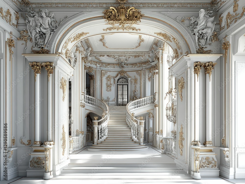 Fototapeta premium Grand white staircase, ornate gold detailing, elegant palace interior.
