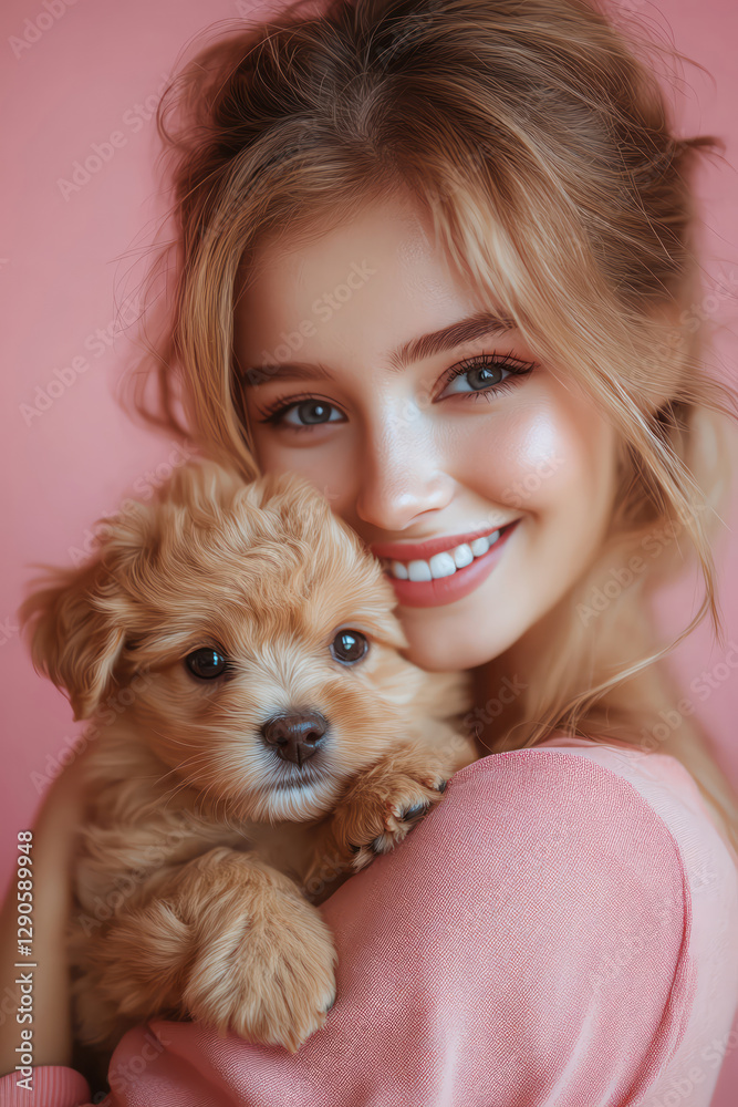 Young woman hugging a small puppy, both smiling, pink background, studio lighting