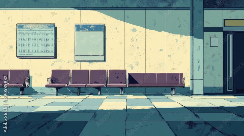 Abandoned Waiting Area with Empty Seats and Sunlight Shadows Abandoned Waiting Area with Empty Seats and Sunlight Shadows