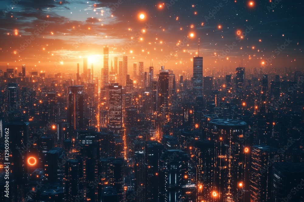 Fototapeta premium City skyline illuminated at sunset with glowing particles floating in the air