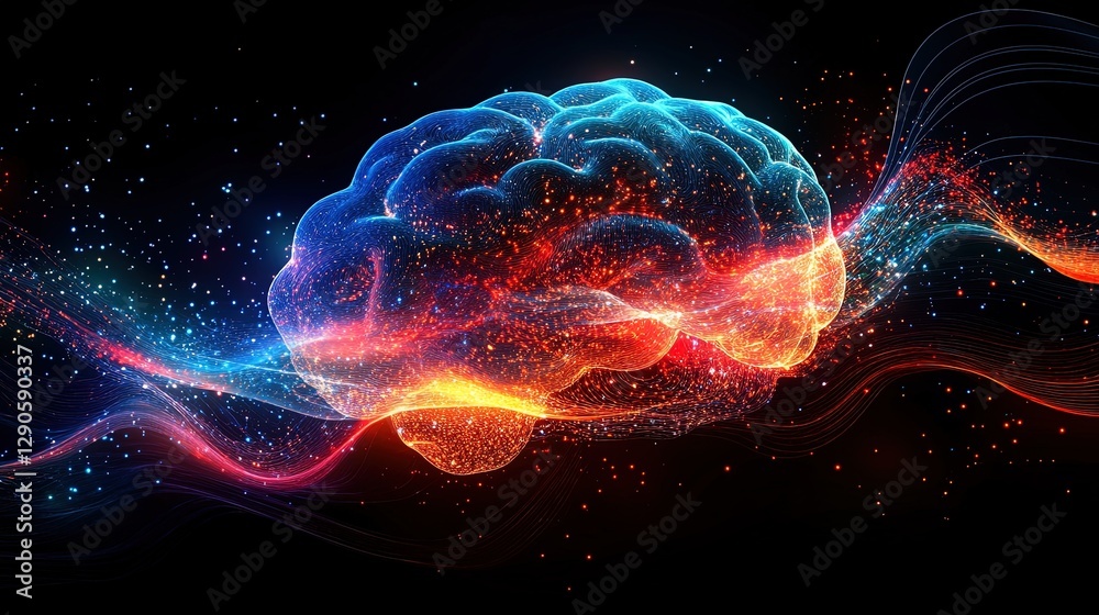 Fototapeta premium Futuristic abstract background with glowing brain signals, neural patterns, and cosmic light waves 