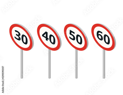 Set of four circular speed limit signs with red borders. Road signs with speed limit warnings 30, 40, 50, 60. Vector illustration isolated on white background. Isometric style