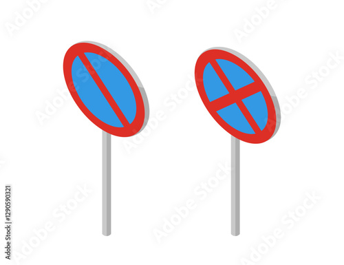 Set of two red circular traffic signs with blue backgrounds. Road forbidding sign, no stop no parking. Vector illustration isolated on white background