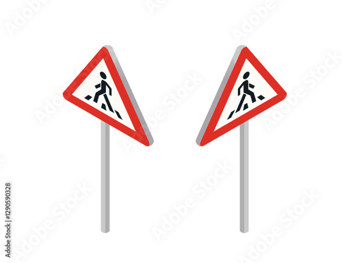 Isometric set of two triangular pedestrian crossing signs. Red borders with black pictograms of people walking. Vector illustration isolated on white background. Crossing warning sign