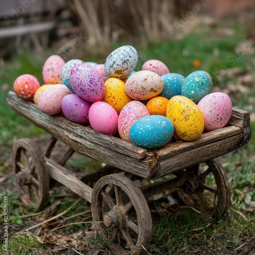 Easter eggs in vintage wheelbarrow display