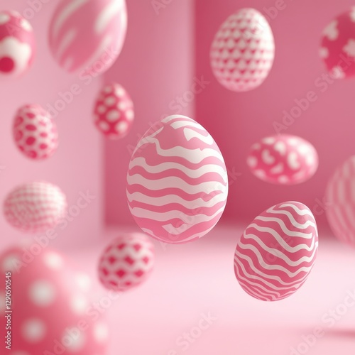 Colorful patterned Easter eggs on pink background in motion