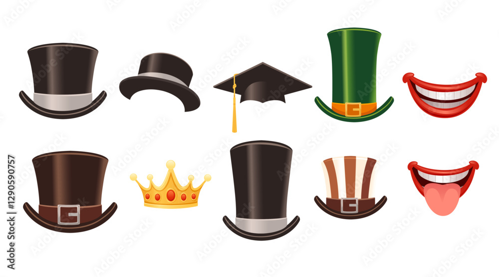 Obraz premium Set of various gentleman accessories like top hats, monocles, mustaches, and bow ties. Classic and vintage style. Vector illustration isolated on white background