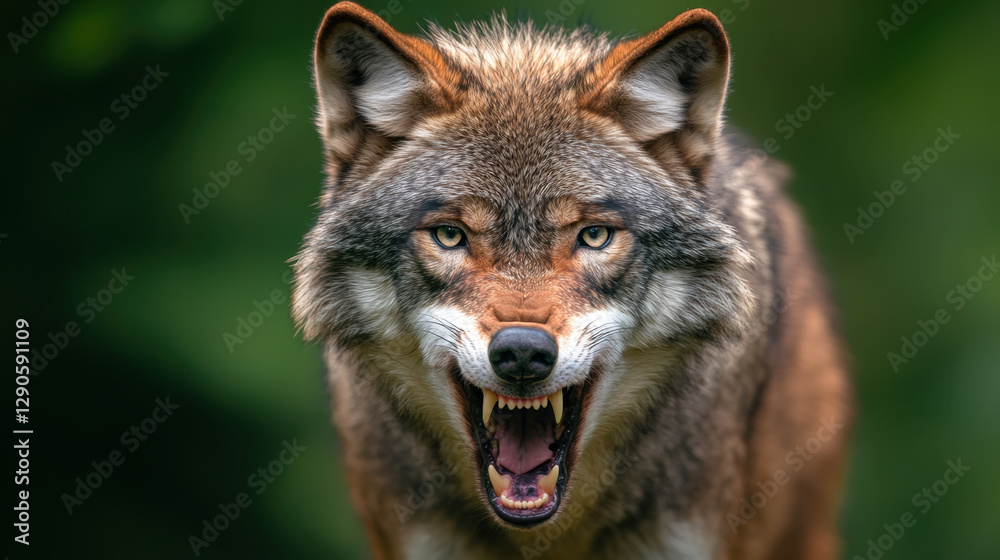 Fototapeta premium Close up of fierce wolf with open mouth, showcasing sharp teeth and intense eyes. wolf expression conveys strength and wildness in natural setting
