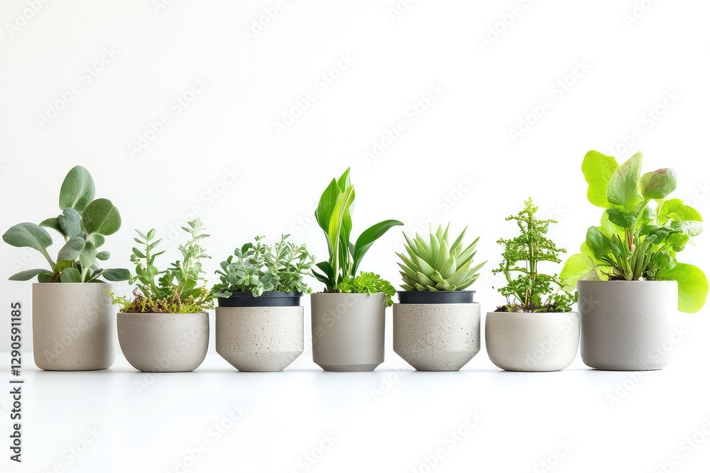A minimalist arrangement of various houseplants in sleek concrete pots, isolated on a bright white surface. A minimalist arrangement of various houseplants in sleek concrete pots, isolated on a bright white surface.