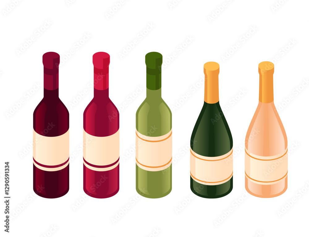 Isometry set of wine and champagne drink bottles. Green, red and white bottle colors. Various alcohol collection. Grocery store icons. Vector illustration isolated on white background Isometry set of wine and champagne drink bottles. Green, red and white bottle colors. Various alcohol collection. Grocery store icons. Vector illustration isolated on white background