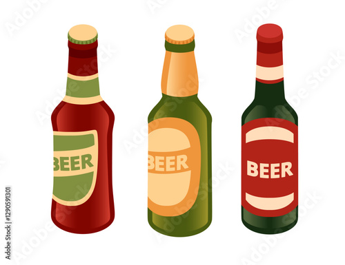 Set of beer bottle with label. Green beer bottle with yellow label. Dark beer bottle with red label. Different beer varieties. Craft brewing containers. Isometric vector illustration on white