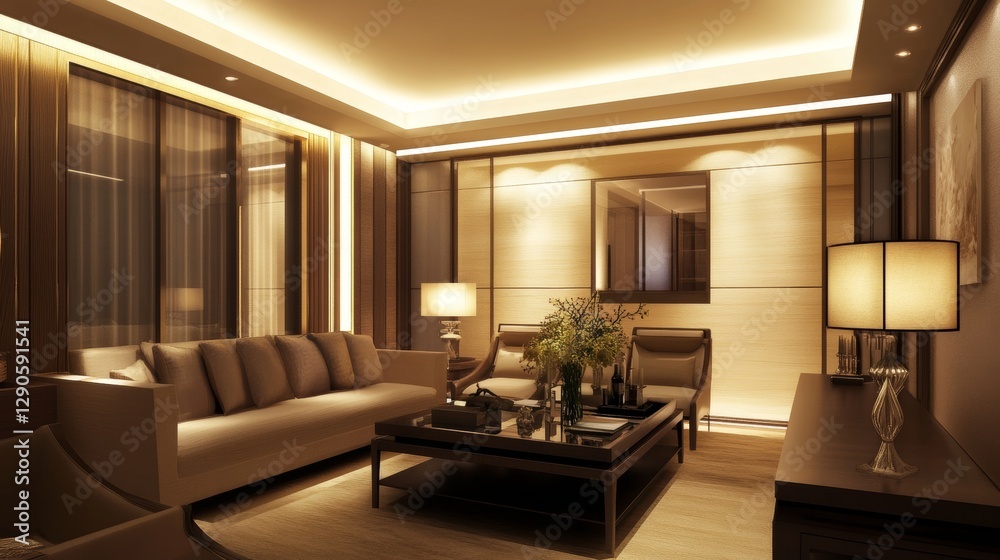 Fototapeta premium Modern Interior Design Showcasing a Stylish Living Room With Elegant Furnishings and Warm Lighting in a Contemporary Home Space During the Evening