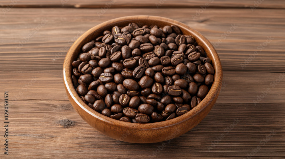 Fresh coffee beans in wooden bowl on rustic wooden table, showcasing their rich color and texture, perfect for coffee lovers and enthusiasts Fresh coffee beans in wooden bowl on rustic wooden table, showcasing their rich color and texture, perfect for coffee lovers and enthusiasts