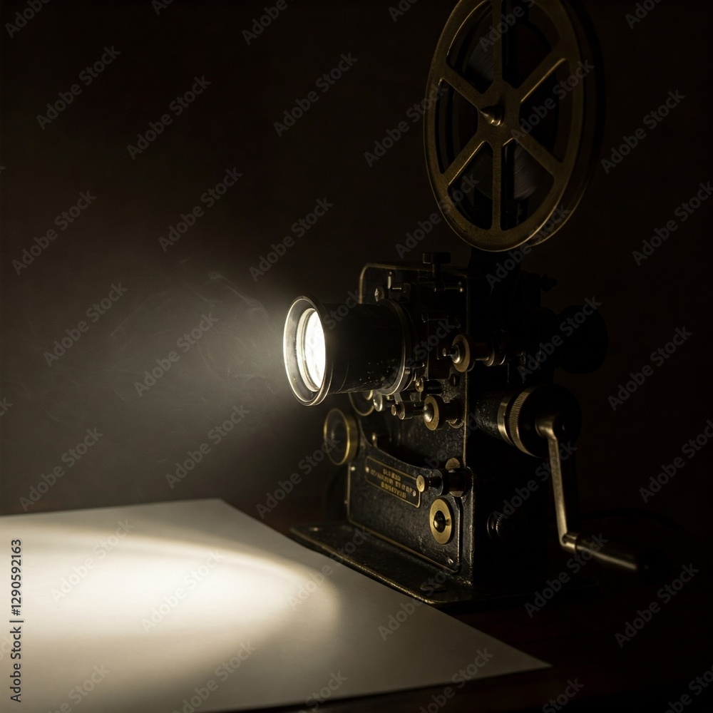 Naklejka premium Vintage Film Projector in Dark Room Casting Light Beam on Blank Screen - Classic Cinema Equipment Photography