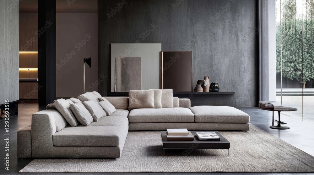 Fototapeta premium Modern Living Room Featuring a Spacious Sectional Sofa With Pillows and Minimalist Decor Under Natural Light in a Stylish Setting