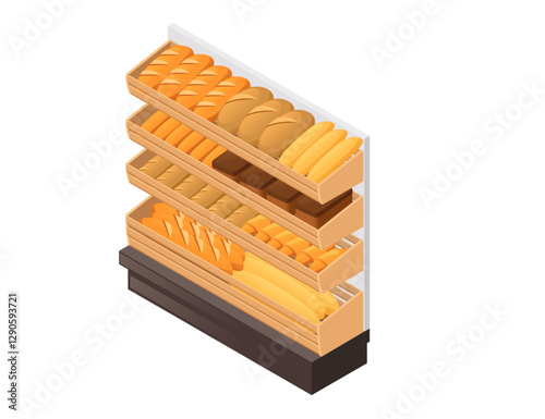 Wooden bakery display stand with bread products. Multi-level pastry shelf. Retail equipment for baked goods. Grocery store bread section. Vector illustration isometric style isolated on white