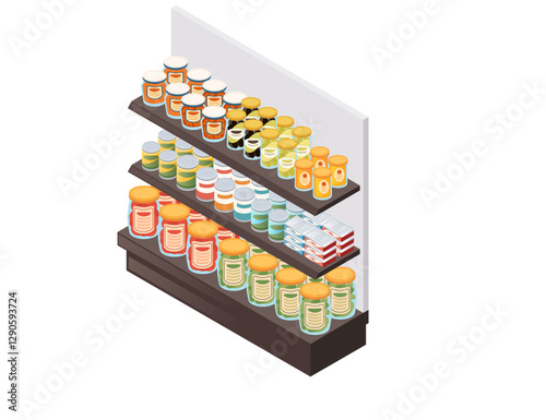 Grocery store shelving with jars and canned goods. Multi-tier retail display with colorful packaged products. Supermarket rack system. Food store equipment merchandise. Vector illustration isometric
