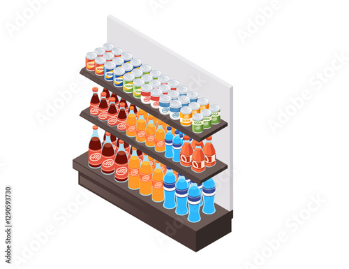 Isometric style supermarket shelf with sweet tasty soda and water. Multi-tier retail display with bottled beverages. Store equipment with colorful merchandise. Vector illustration isolated on white